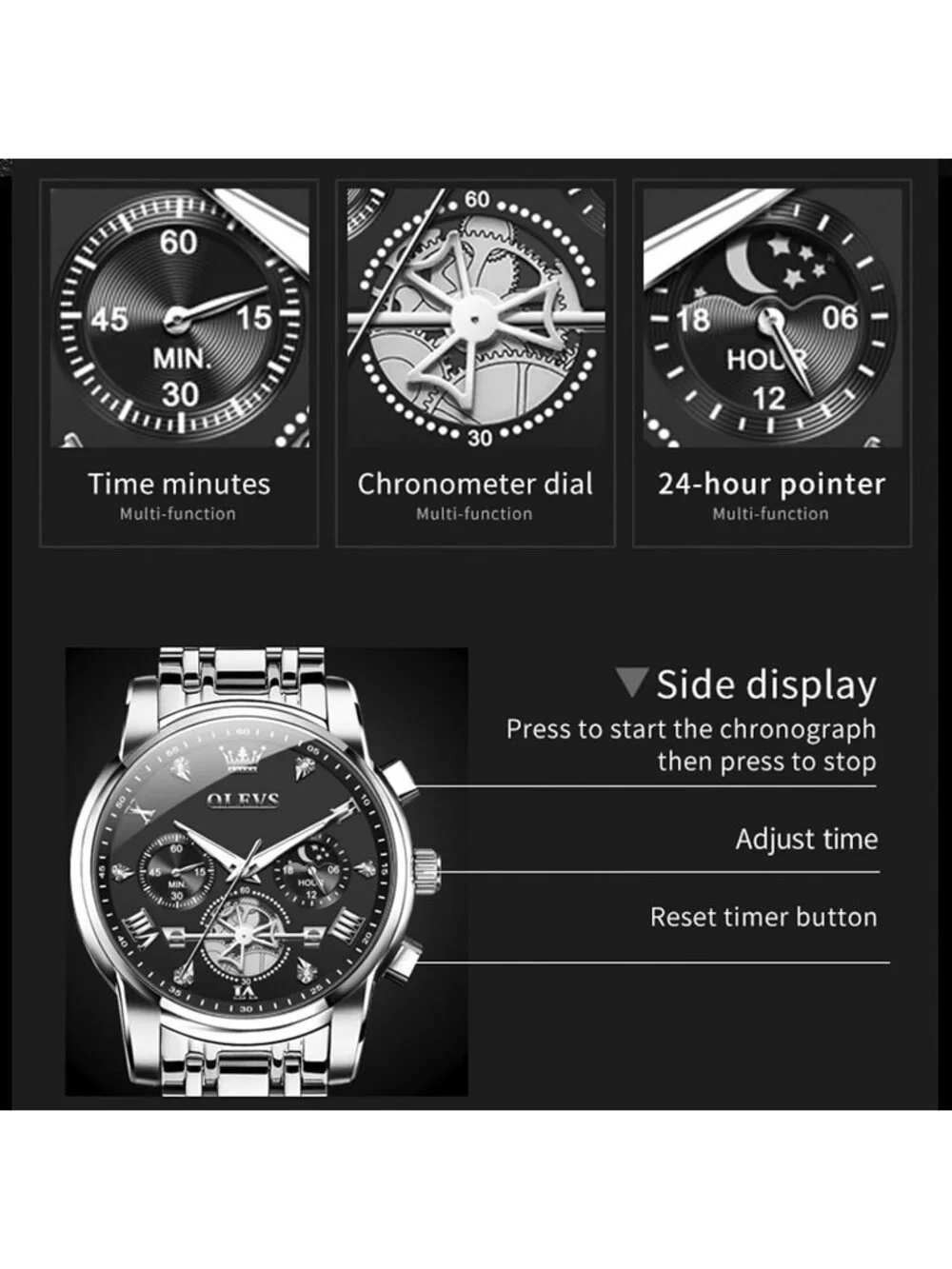 Men's Silver-Black Stainless Steel Waterproof Big Face Multifunction Wrist Watch